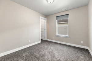 Carpeted empty room featuring visible vents and baseboards