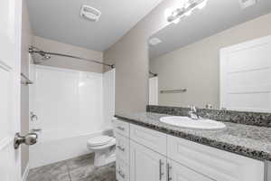 Full bath featuring visible vents, toilet, vanity, and bathtub / shower combination