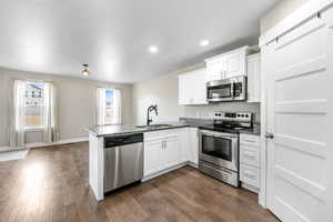 Kitchen with a sink, appliances with stainless steel finishes, a peninsula, and dark wood-style flooring