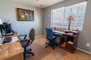 Office with plenty of natural light, light colored carpet, and baseboards