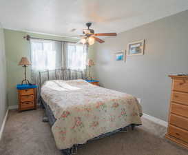 Carpeted bedroom with visible vents, baseboards, a textured ceiling, and a ceiling fan