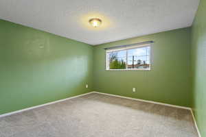 Empty room featuring baseboards, carpet flooring, and a textured ceiling