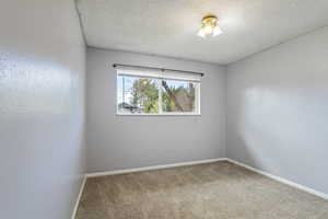 Carpeted empty room with baseboards and a textured ceiling