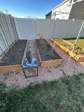 View of yard with a vegetable garden and a fenced backyard