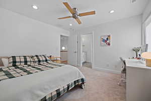 Bedroom featuring a ceiling fan, visible vents, baseboards, recessed lighting, and light carpet