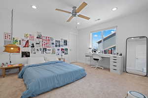 Bedroom featuring visible vents, recessed lighting, carpet flooring, baseboards, and ceiling fan