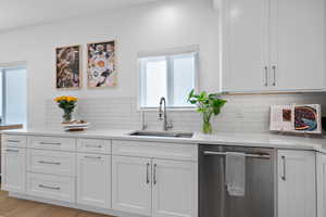 Kitchen with dishwasher, white cabinetry, light countertops, and a sink