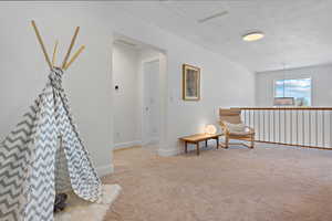 Sitting room featuring visible vents, carpet floors, a textured ceiling, and baseboards