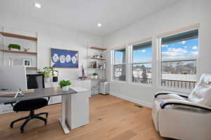 Office space with recessed lighting, light wood-type flooring, and a healthy amount of sunlight