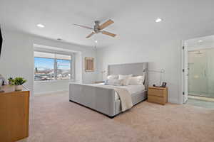 Bedroom with recessed lighting, baseboards, and light colored carpet