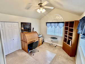 Home office featuring carpet flooring, lofted ceiling, baseboards, and a ceiling fan