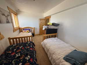 Carpeted bedroom with a textured ceiling