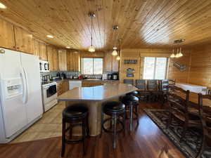 Kitchen featuring white appliances, a sink, wood ceiling, wood finished floors, and a breakfast bar area