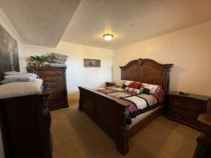 Bedroom featuring carpet floors and a textured ceiling