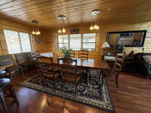 Dining room with wood finished floors, wood walls, and wood ceiling