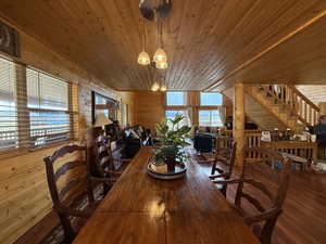 Dining area with wooden ceiling, wood finished floors, a chandelier, and wooden walls