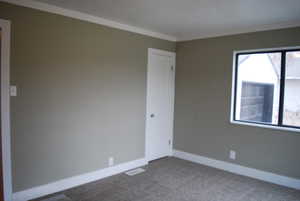 Carpeted spare room with visible vents, baseboards, a wealth of natural light, and ornamental molding