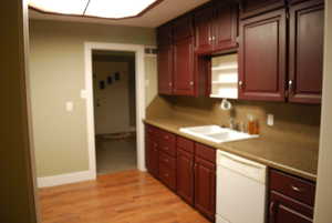 Kitchen featuring baseboards, light wood finished floors, a sink, light countertops, and dishwasher