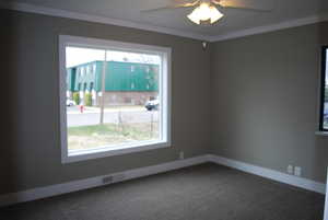 Empty room with baseboards, visible vents, ornamental molding, ceiling fan, and dark colored carpet