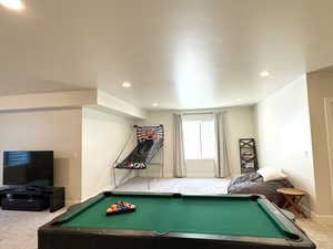 Playroom featuring pool table, carpet flooring, recessed lighting, and baseboards