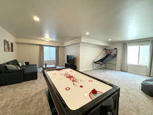 Playroom featuring carpet flooring, recessed lighting, and baseboards