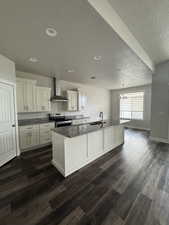 Kitchen featuring dark wood-type flooring, range hood, granite countertops, and appliances with stainless steel finishes and an island with sink