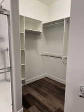 Spacious walk-in closet with dark wood-style floors