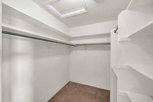 Spacious closet featuring carpet floors and attic access