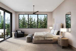 Carpeted bedroom featuring access to outside, multiple windows, and recessed lighting