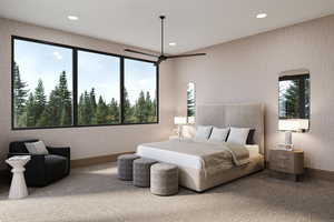 Bedroom featuring wallpapered walls, recessed lighting, baseboards, and carpet floors