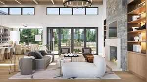 Living room featuring built in shelves, a large fireplace, beamed ceiling, wood ceiling, and wood finished floors