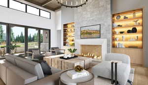 Living room featuring plenty of natural light, built in features, a fireplace, and wood finished floors