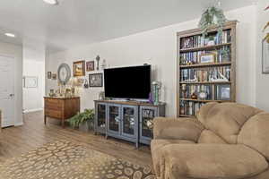 Living room with wood finished floors and a textured ceiling