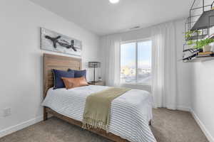 Bedroom featuring baseboards, visible vents, and carpet floors