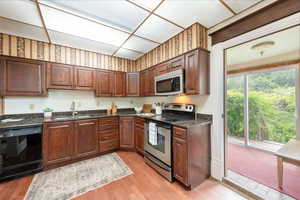 Kitchen with appliances with stainless steel finishes, a sink, light wood-style floors, and dark stone counters