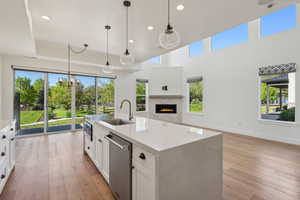 Kitchen featuring a sink, appliances with stainless steel finishes, open floor plan, light wood-style flooring, and white cabinetry