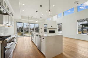 Kitchen featuring under cabinet range hood, a sink, backsplash, light wood-style floors, and appliances with stainless steel finishes