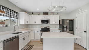 Kitchen with light wood-type flooring, a kitchen island, white cabinets, appliances with stainless steel finishes, and a sink