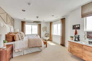 Bedroom with multiple windows, visible vents, and light carpet