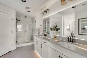 Bathroom featuring a shower stall, visible vents, and a sink