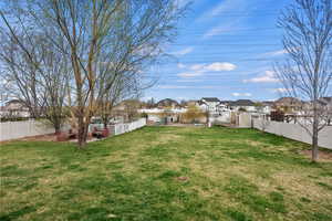 View of yard with a fenced backyard and a residential view
