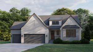 View of front of home with a garage, driveway, a front lawn, and roof with shingles