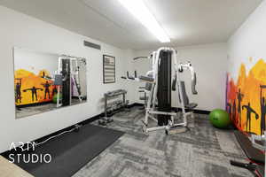 Exercise room featuring visible vents, baseboards, and carpet floors