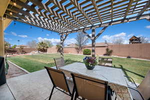 View of patio / terrace with outdoor dining area, a fenced backyard, and a pergola