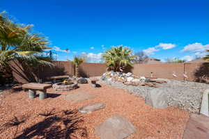 View of yard with a fenced backyard and an outdoor fire pit