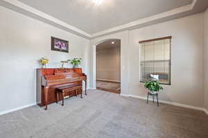 Living area with arched walkways, a textured ceiling, carpet, and baseboards