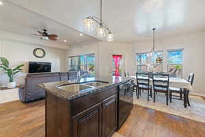 Kitchen with dishwasher, dark stone counters, light wood finished floors, and a sink