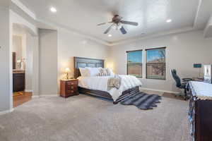 Carpeted bedroom featuring visible vents, recessed lighting, and baseboards