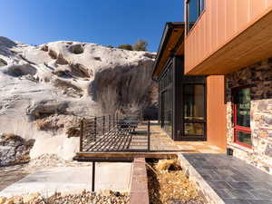 View of patio / terrace featuring a mountain view