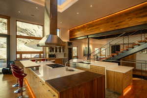 Kitchen featuring dark wood finished floors, island exhaust hood, a large island, modern cabinets, and a sink
